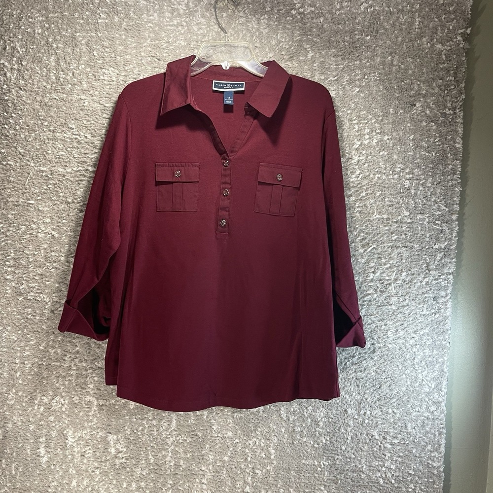 Karen Scott Burgundy Collared Blouse 3/4 Sleeve 1X Preppy Casual Cotton NWT